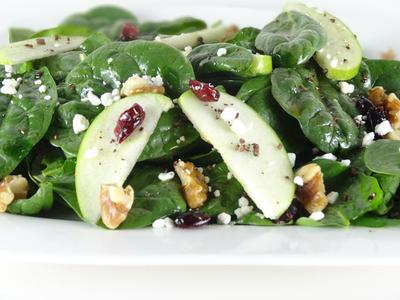Spinach Apple Walnut Salad Featuring Cacao Nib Vinaigrette